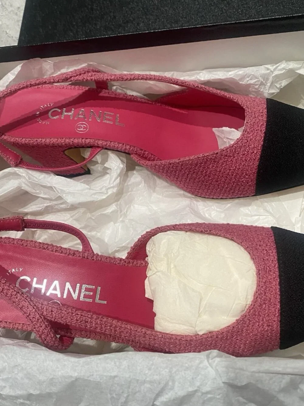 Chanel Slingback Tweed Pink & Black Grosgrain Pump Sandal Heels Women’s 38.5